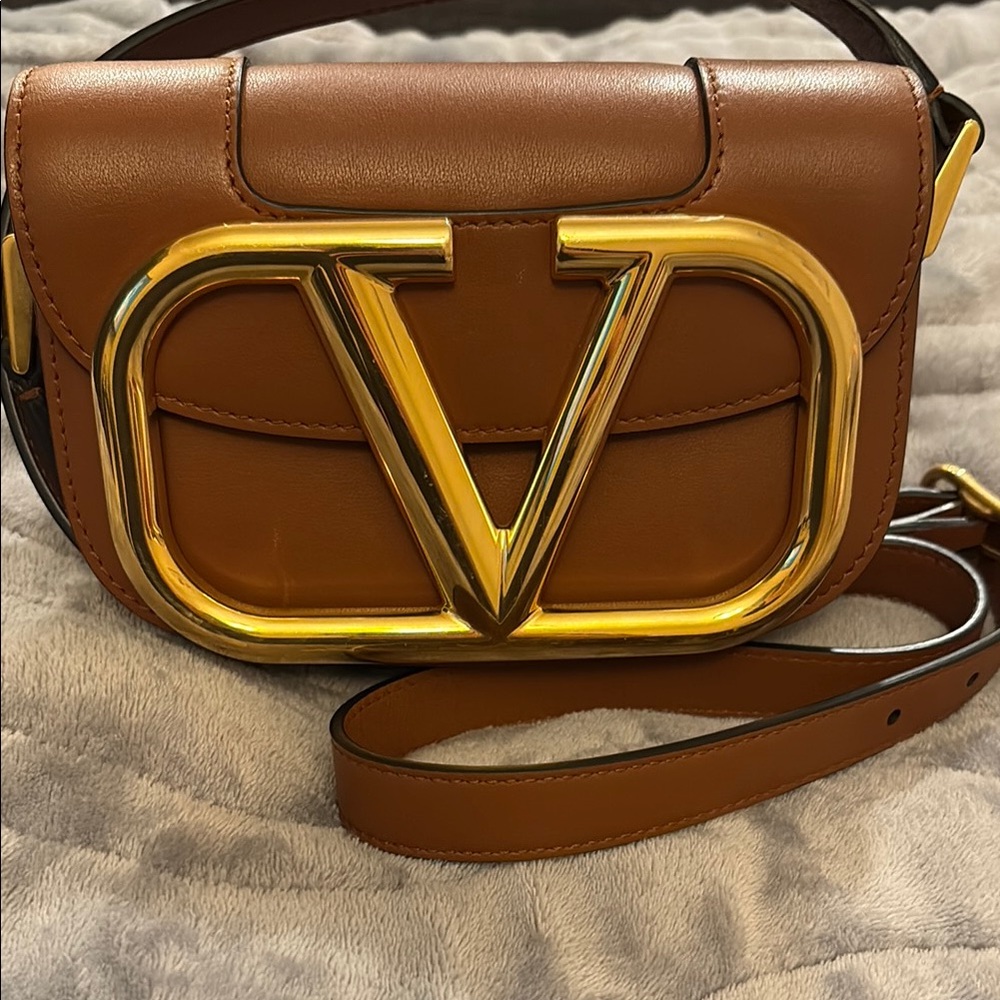 Authentic Valentino Brown Crossbody Bag with Iconic Gold V Logo